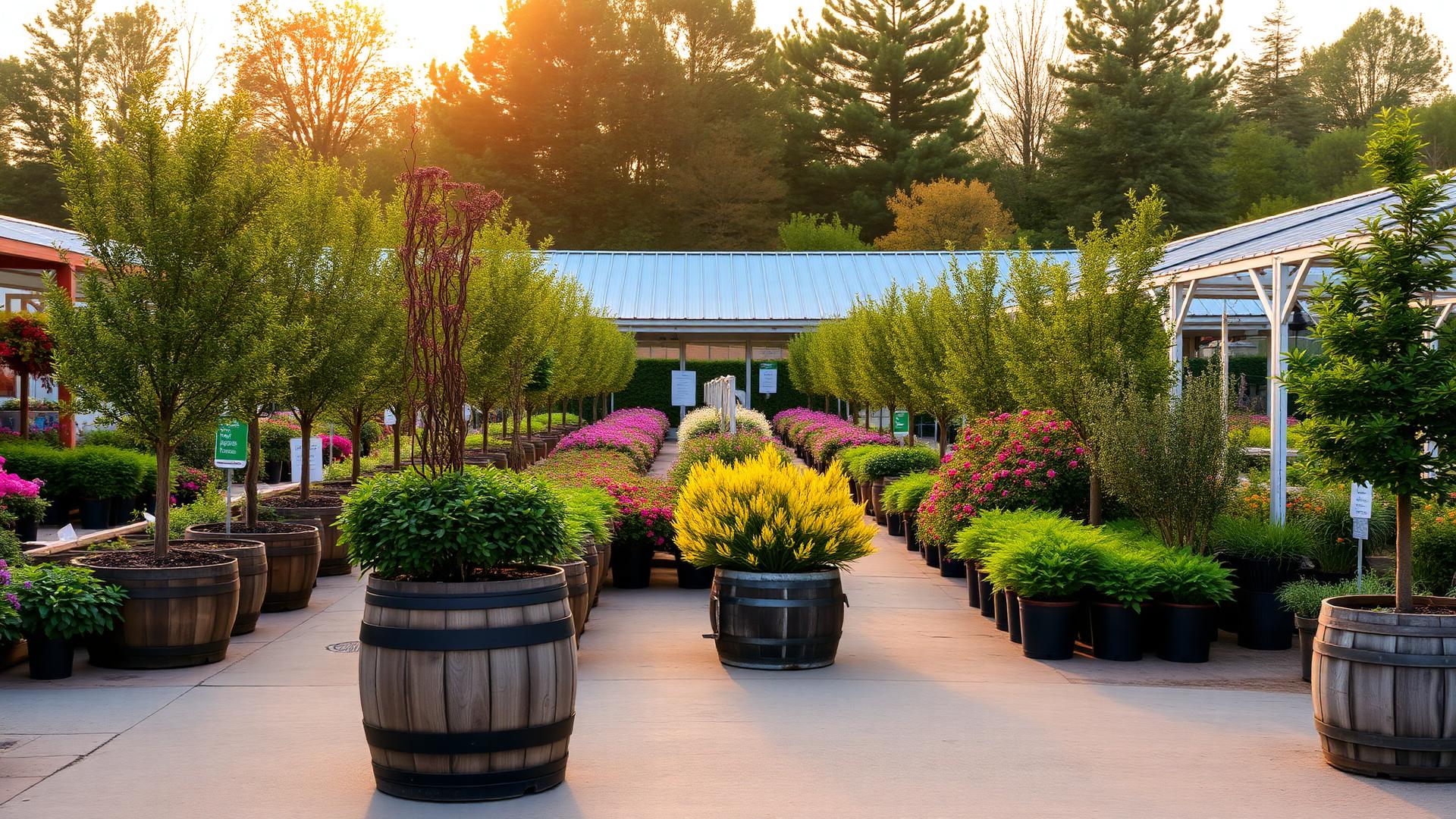 Potted trees and flowering shrubs hand-selected from a local New Jersey nursery at golden hour